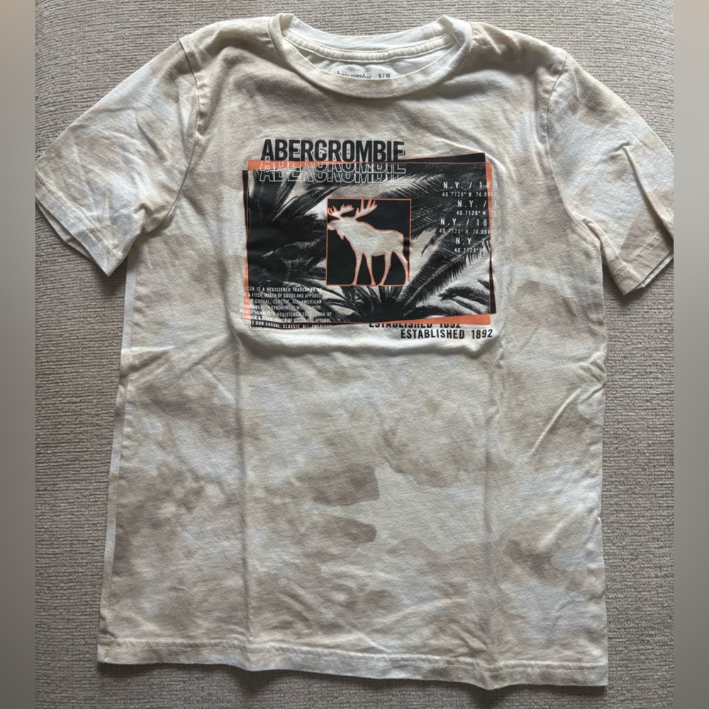 Abercrombie Kids Cream Graphic Short Sleeve Tee with Black & Orange Print